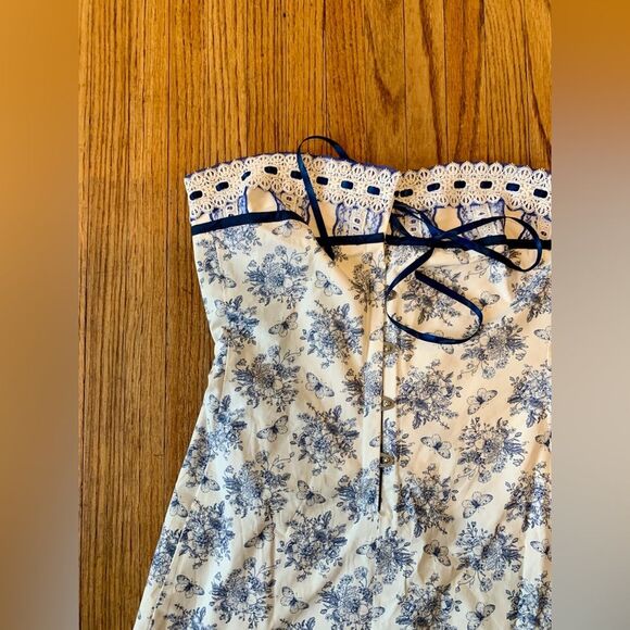 With Jean Sabrin Toile Papillon Strapless Floral Blue White Mini Dress‎ medium - Picture 15 of 16